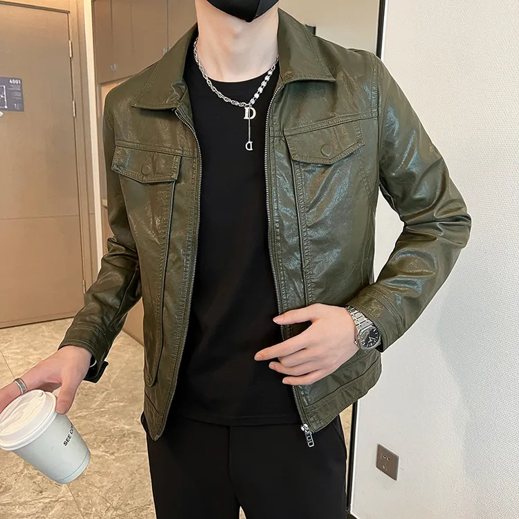 猎撒秋冬韩版修身帅气皮衣青年时尚休闲拉链纯色翻领皮夹克外套潮