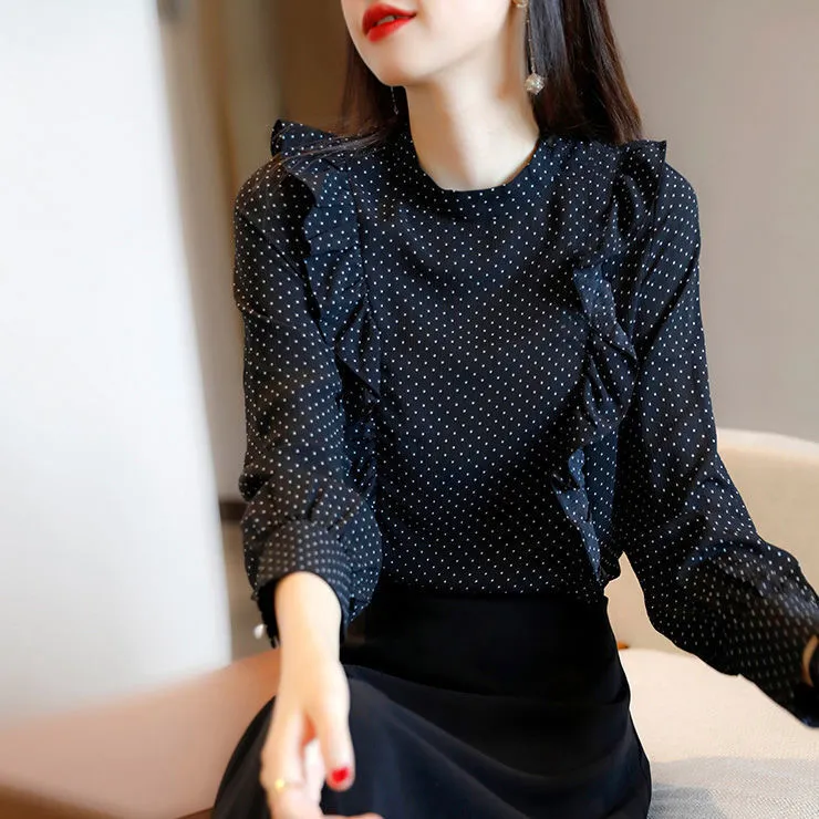 【纯黑穿搭】新款时尚荷叶边波点衬衣雪纺衬衫女长袖圆领上衣女显瘦
