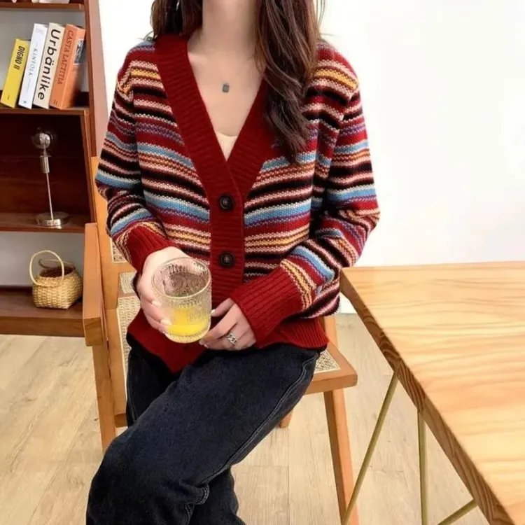 复古民族风条纹毛衣开衫女装外套百搭时尚宽松针织披肩春秋冬上衣