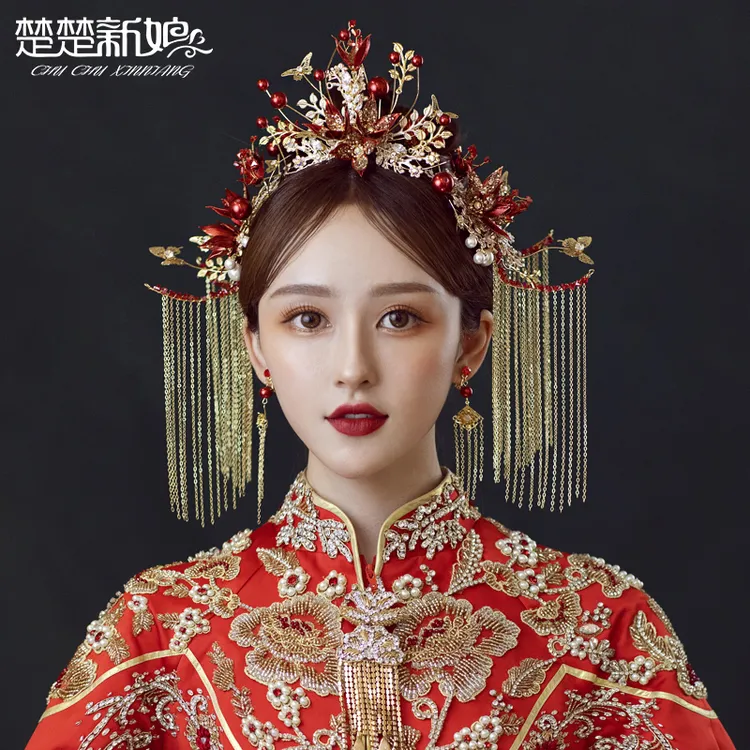 2359新娘新款新娘秀禾服头饰品简单大气中式金红色古装
