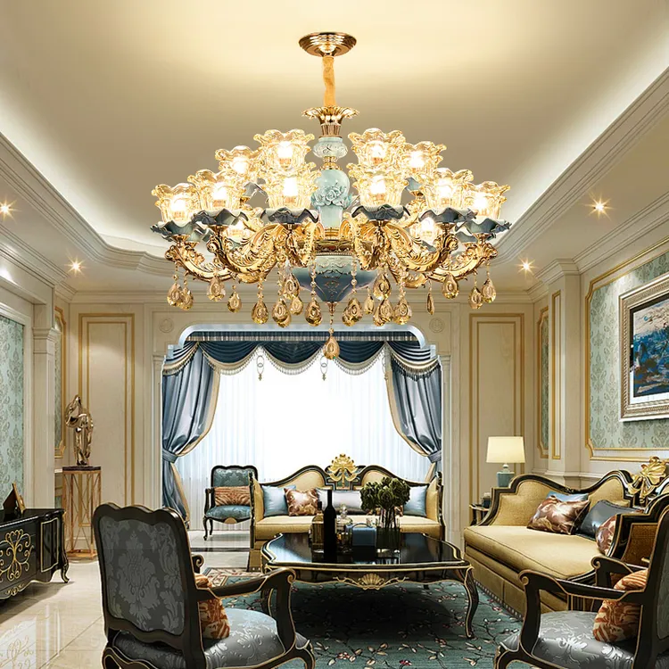 客厅灯奢华大气蓝色陶瓷简欧吊灯复式大厅别墅酒店欧式吊灯家用