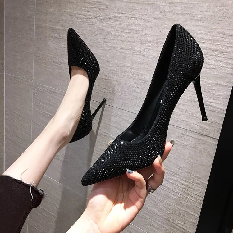 meichen/美晨2024年春夏季新款网红百搭水钻水晶尖头高跟鞋女细跟