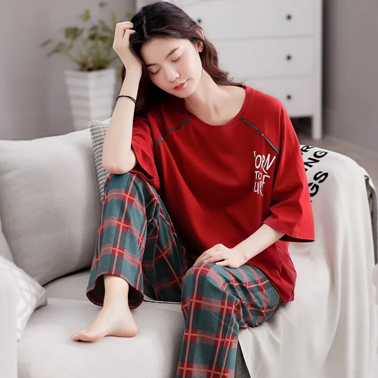 100纯棉睡衣女夏季薄款短袖长裤韩版宽松家居服可出门休闲运动套