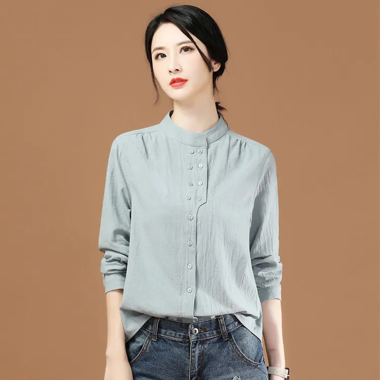 双排扣长袖立领衬衫女2025春秋新款女韩版宽松休闲时尚纯色上衣