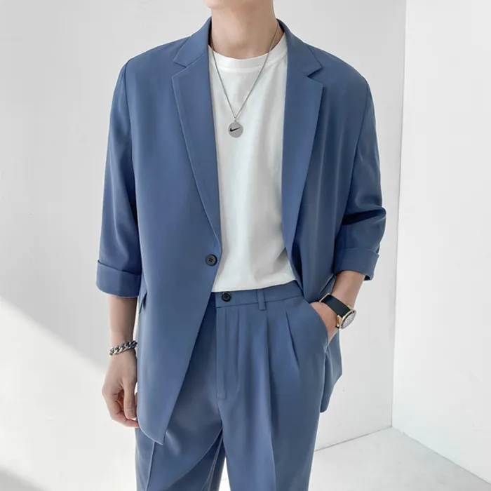 春夏轻熟风英伦纯色宽松中袖西服阔版九分裤套装七分袖西装男