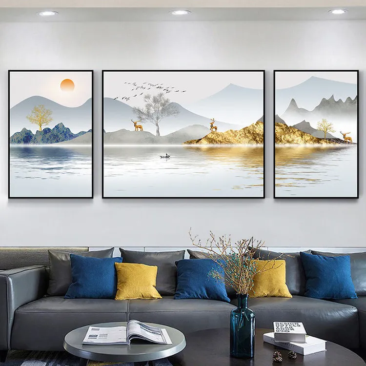 湖光山色客厅装饰画现代简约沙发背景挂画北欧抽象晶瓷镶嵌墙壁画