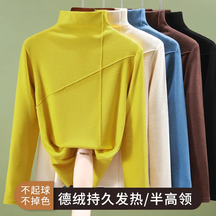双面德绒半高领长袖打底衫女2022新款秋冬内搭加绒保暖修身上衣