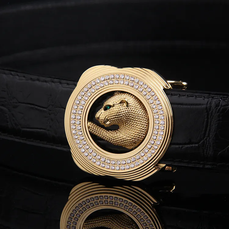 史蒂芬豹头鹰头不锈钢镶钻男士真鳄鱼皮腰带高档真皮正装休闲皮带