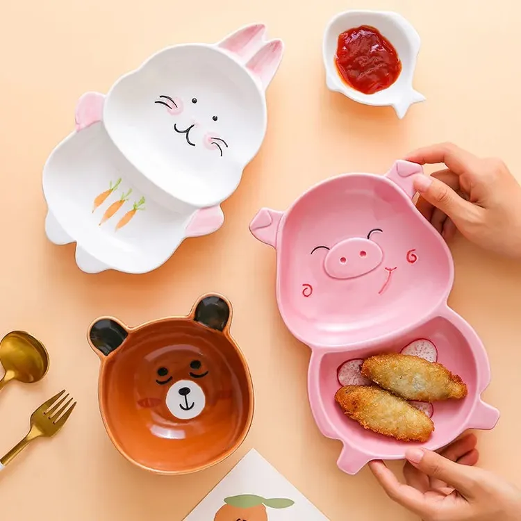 （宠粉福利）陶瓷手绘儿童餐具小兔子碗孩童分餐盘米饭碗童趣