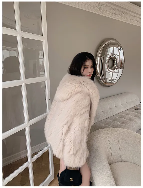 蝙蝠袖狐狸毛连帽双面编织真毛廓形外套时尚宽松中长款毛皮草