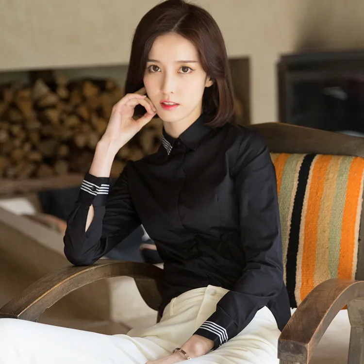 （特色款-60棉）黑色衬衫女长袖职业新时尚设计感小众气质打底衬衫