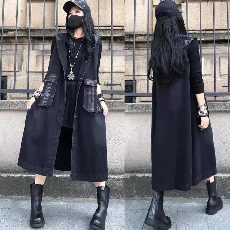 中长款连帽拼接复古牛仔马甲韩版2025春装新款大码宽松外搭马夹潮