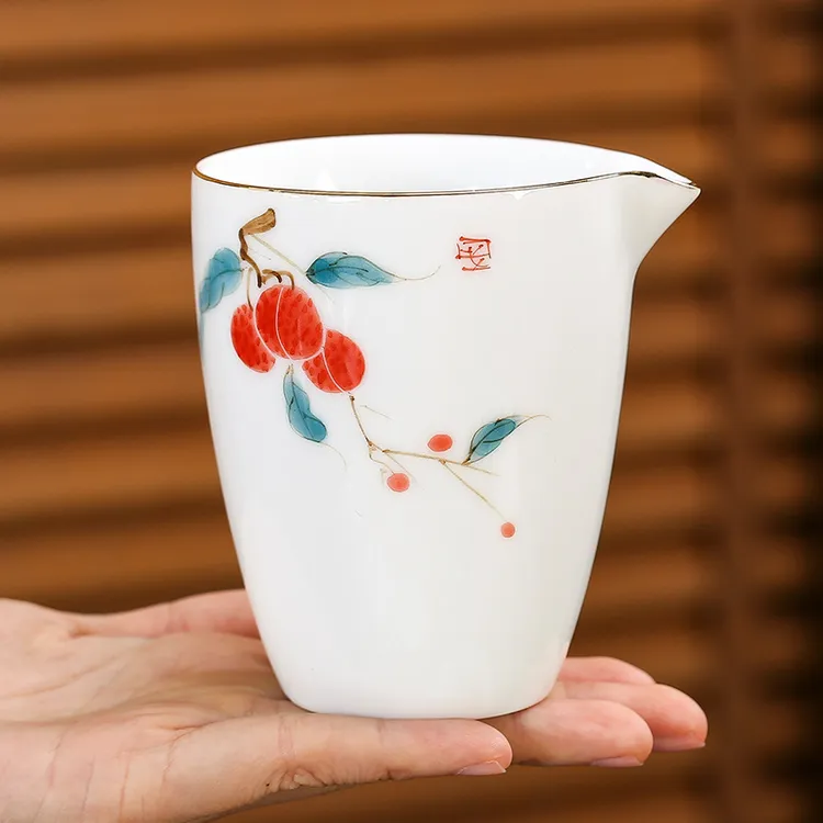 大号釉下彩手绘描金公道杯羊脂玉陶瓷公杯茶海分茶器功夫茶具配件