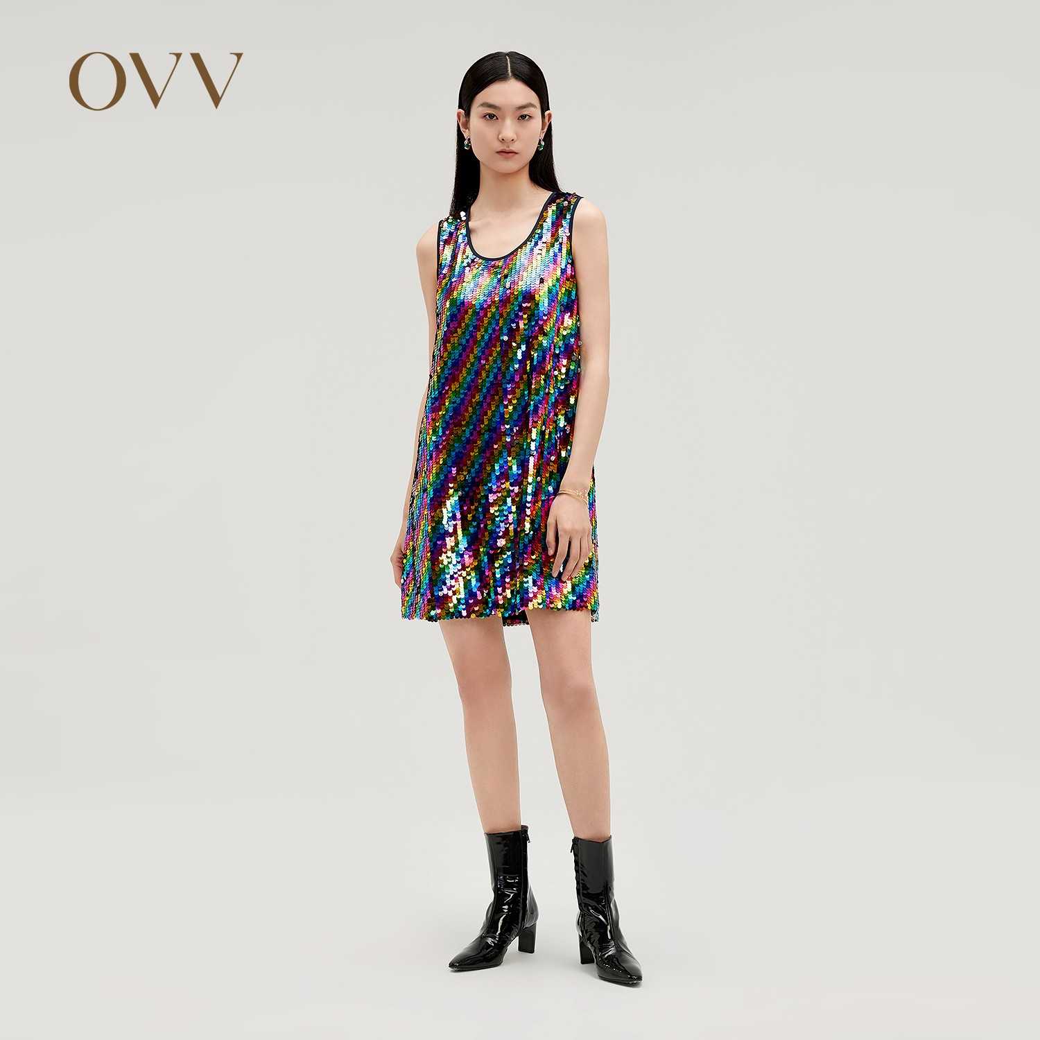 OVV闪片无袖时尚印花撞色女士提花满印a字连衣裙女GQLWJ39101A