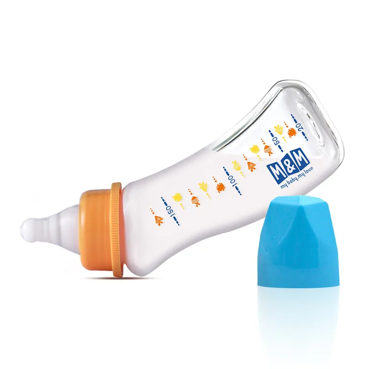 M&M婴儿奶瓶宝宝防呛防胀气弧形奶瓶玻璃新生儿弯头奶瓶 标口海洋