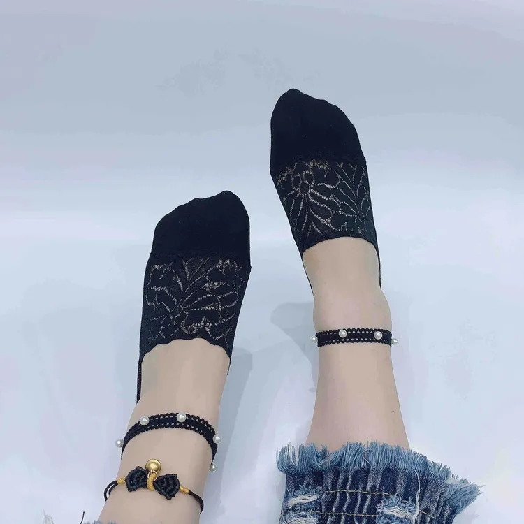 春夏袜子女短款船袜时尚浅口蕾丝镂空短袜松紧带珍珠袜不掉跟女袜