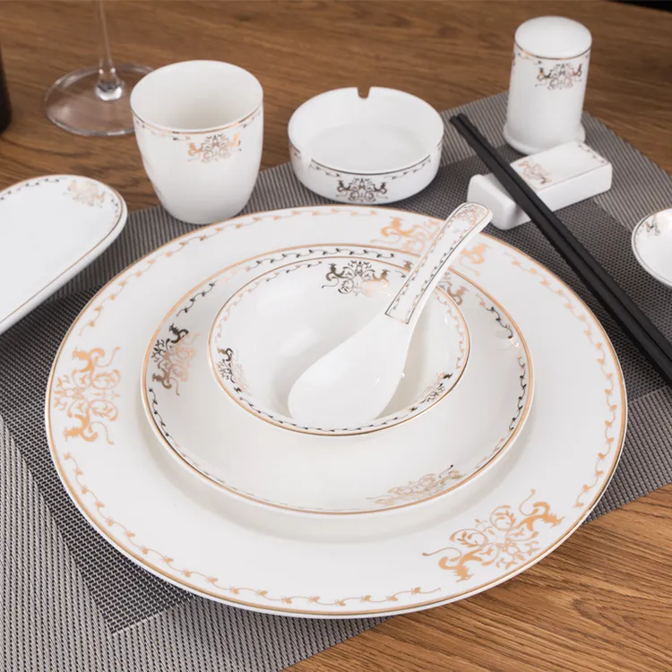 星级酒店摆台金边双凤中式碗碟盘筷宴会盘碗碟杯饭店接待包厢吃饭
