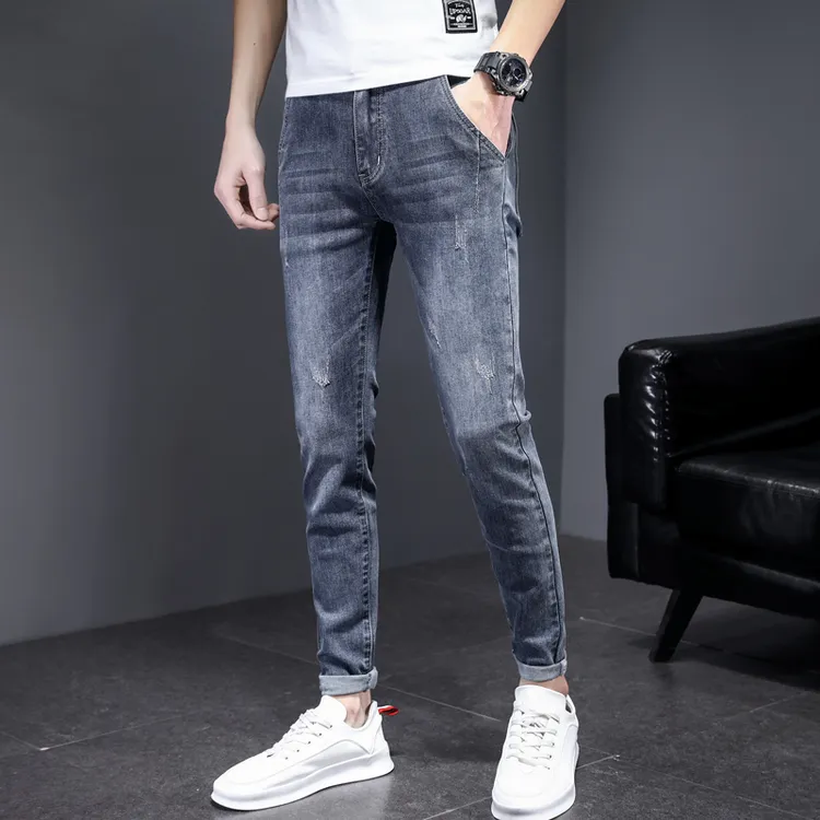 时尚有型款】新款斜口袋显瘦百搭潮流微弹牛仔裤修身百搭小脚裤男