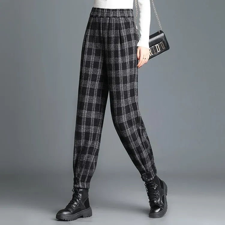 毛呢哈伦裤女萝卜裤秋冬2025新款高腰宽松显瘦加厚格子束脚休闲裤