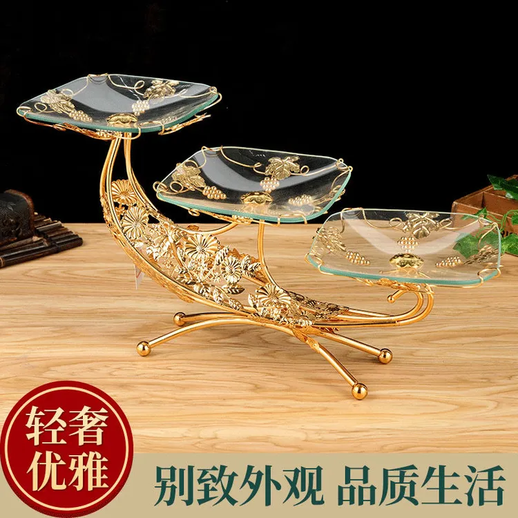 欧式玻璃水果盘创意三层糖果点心盘家居酒店KTV摆件奢华茶几果盘