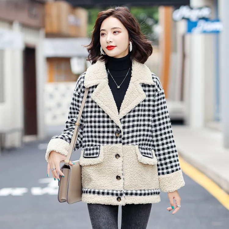 小香风羊羔毛拼接格子外套女2023新款加棉保暖棉服女