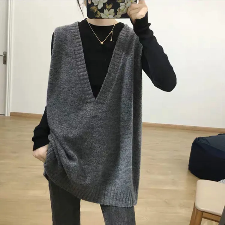 中长款韩国简约休闲宽松毛衣女百搭针织衫深V领无袖马甲背心上衣