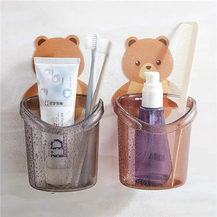 小熊牙刷杯子粘贴收纳置物杯架挂壁式沥水牙刷架卫生间墙上免打孔