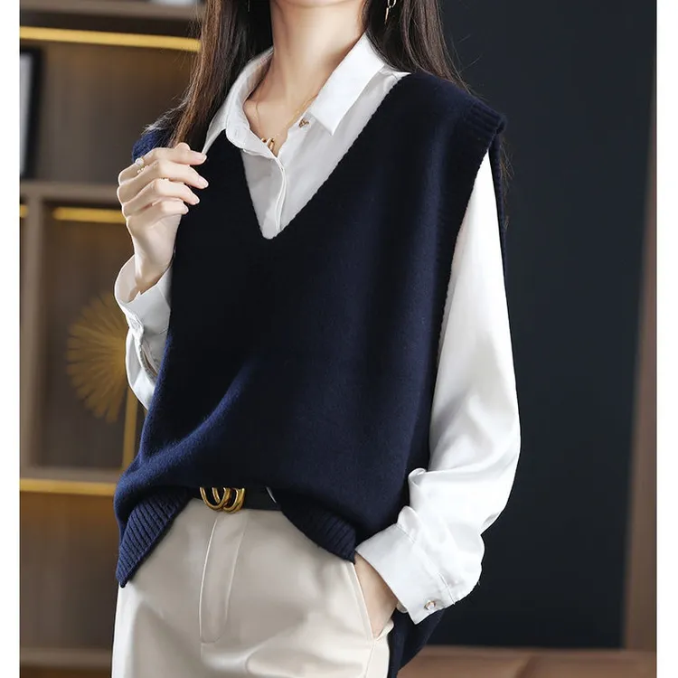 秋季打底针织马甲背心女V领外穿春秋款宽松大码毛衣百搭洋气马夹