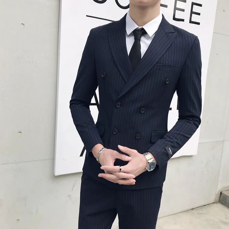 韩版修身商务双排扣条纹西服帅气男套装英伦风青年休闲职业小西装