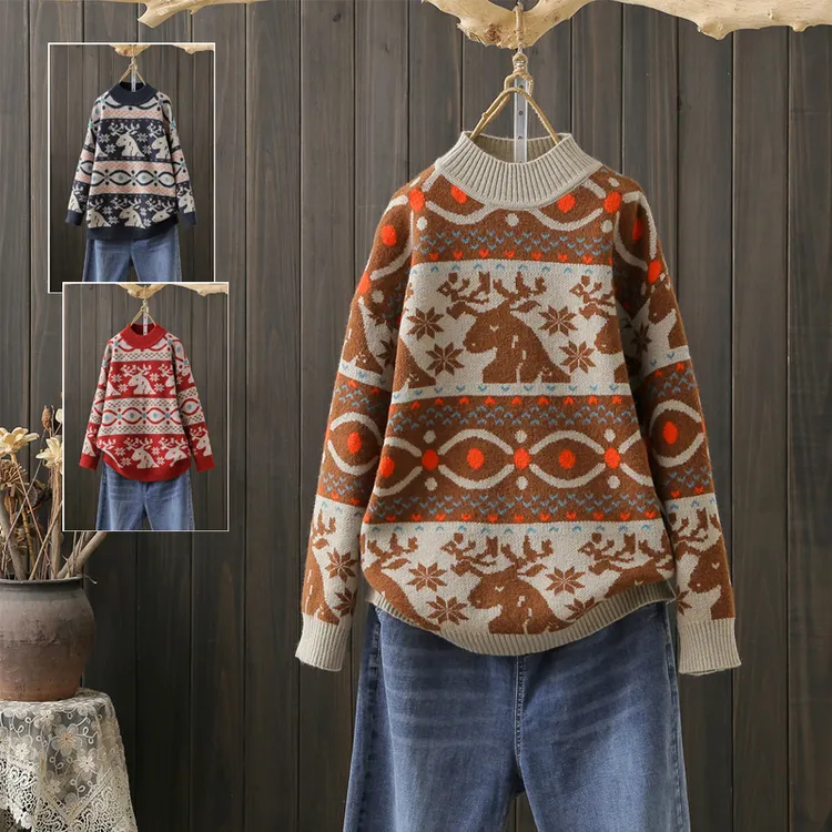 秋冬大码200斤半高领宽松提花长袖针织衫慵懒风民族风套头毛衣