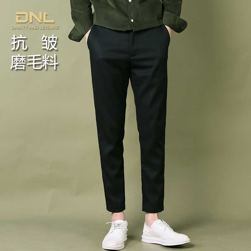 DNL磨毛九分裤男 修身小脚免烫黑色休闲西裤 秋冬厚款松紧腰裤子
