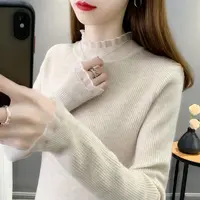 毛衣女士打底衫秋冬新款蕾丝半高领修身百搭针织衫上衣