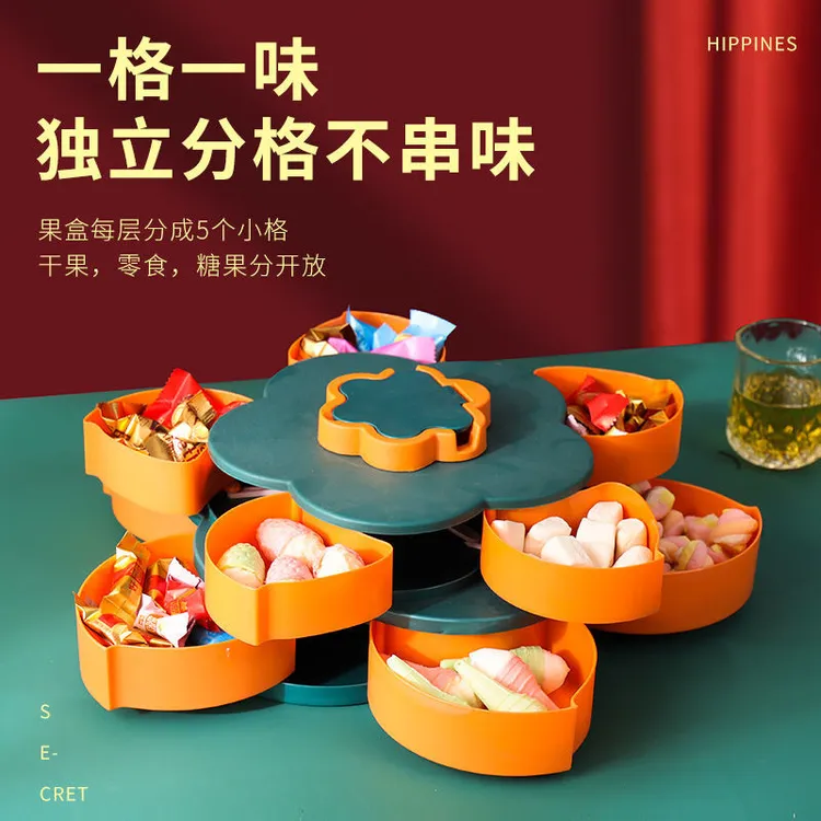 【浩秒优选】家用方便单双层花瓣旋转新年透明创意果盘居家三层收纳