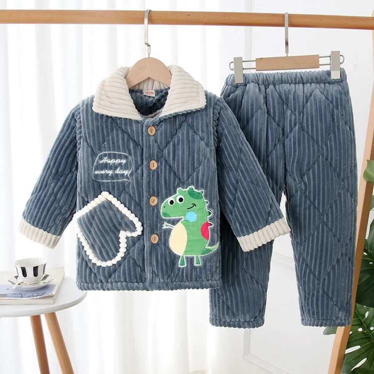 冬季儿童睡衣三层加厚夹棉宝宝男孩女童大童珊瑚绒保暖家居服套装