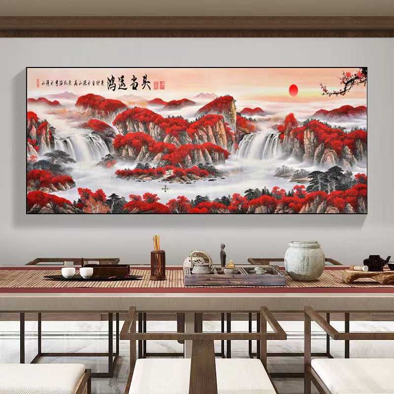 鸿运当头新中式办公室茶桌背景横幅中堂客厅晶瓷镶钻带灯装饰挂画