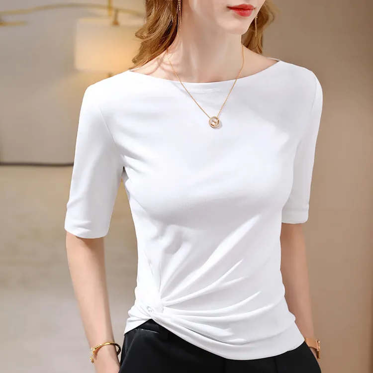 短袖/中袖T恤女春秋2025新款棉体恤一字肩修身气质扭结不规则上衣