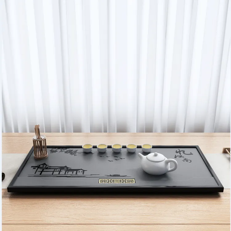 乌金石茶盘天然石茶盘专用排水式托盘轻奢新款家用功夫茶台茶几