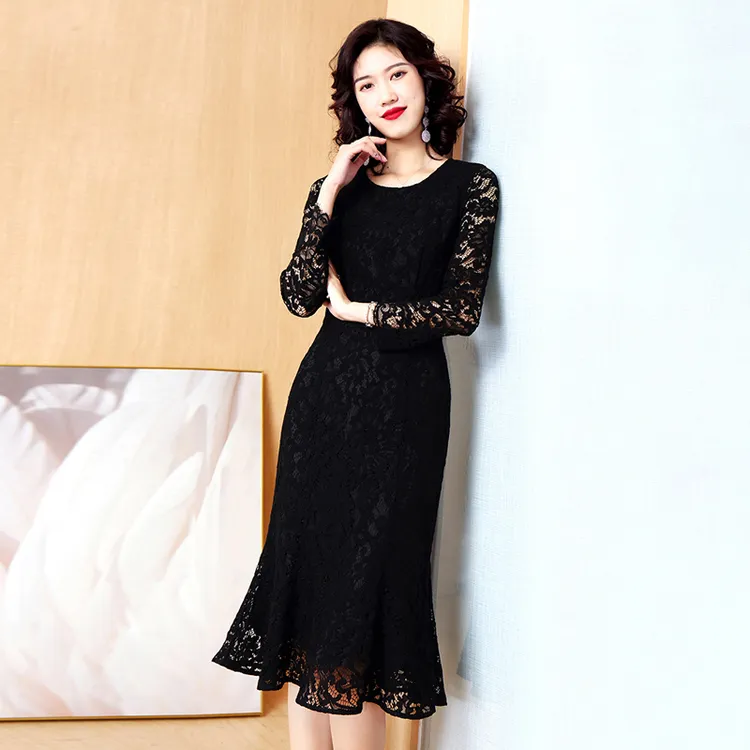 春秋新款气质中长款修身黑色蕾丝包臀加绒连衣裙显瘦冬季鱼尾长裙