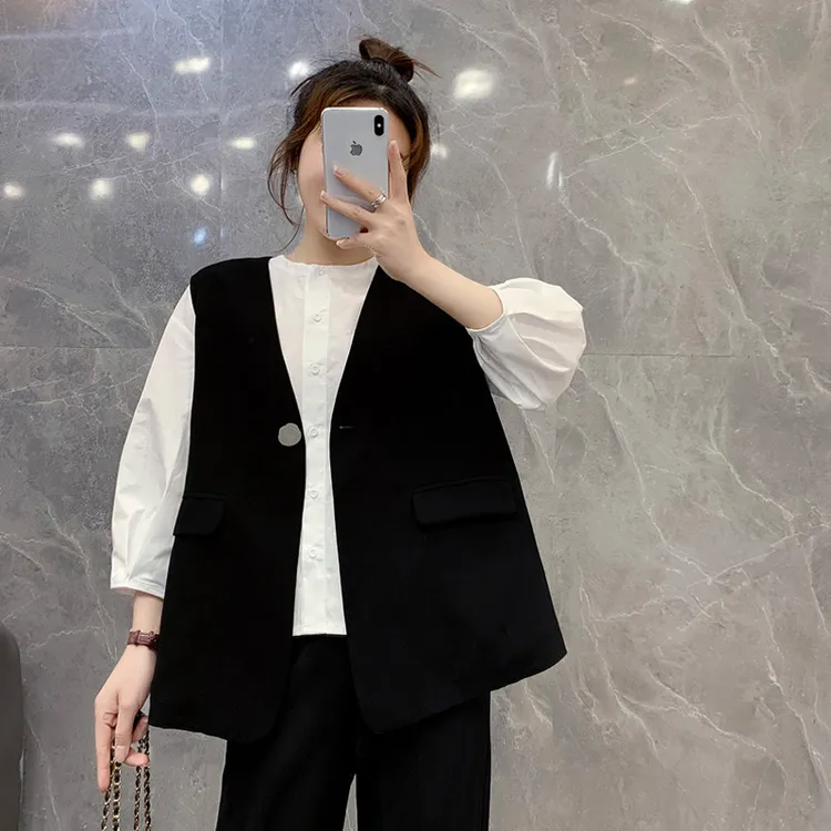 西服马甲女外套韩版中长小个子无袖坎肩大码春秋马夹网红背心外穿