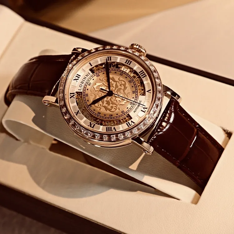 【罗宾尼官方旗舰】轻奢精美雕花镂空镶钻男士自动机械表男表 18030