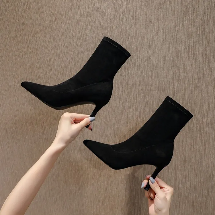 2025年秋冬季新款瘦瘦高跟女鞋细跟尖头短靴弹力单靴 