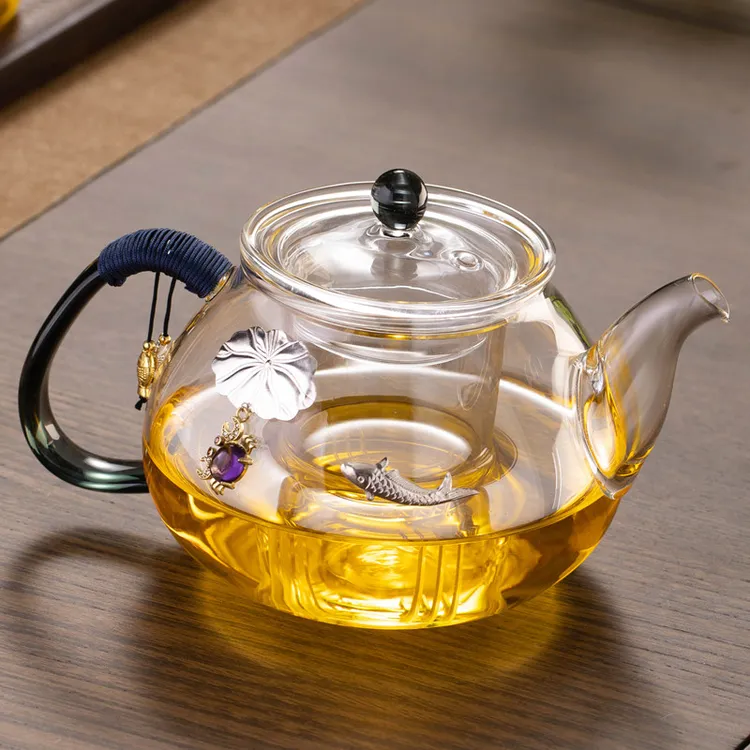 泡茶壶单壶玻璃茶壶小容量办公室花茶壶家用加厚煮茶壶纯手工镶银