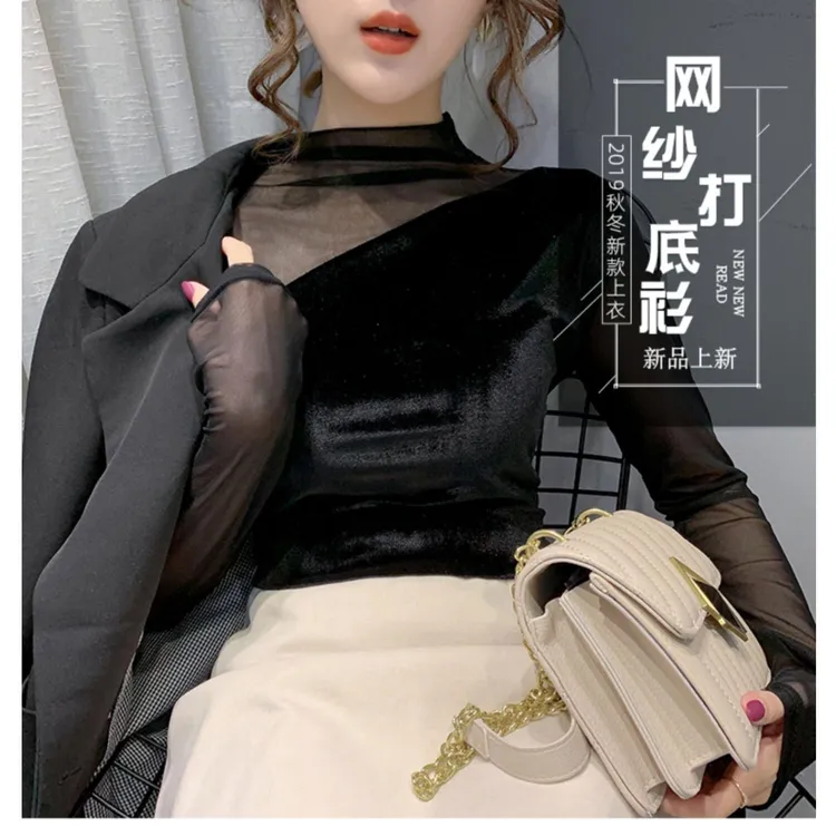 半高领拼接网纱打底衫女春秋新款洋气修身亮金丝绒内搭长袖上衣女