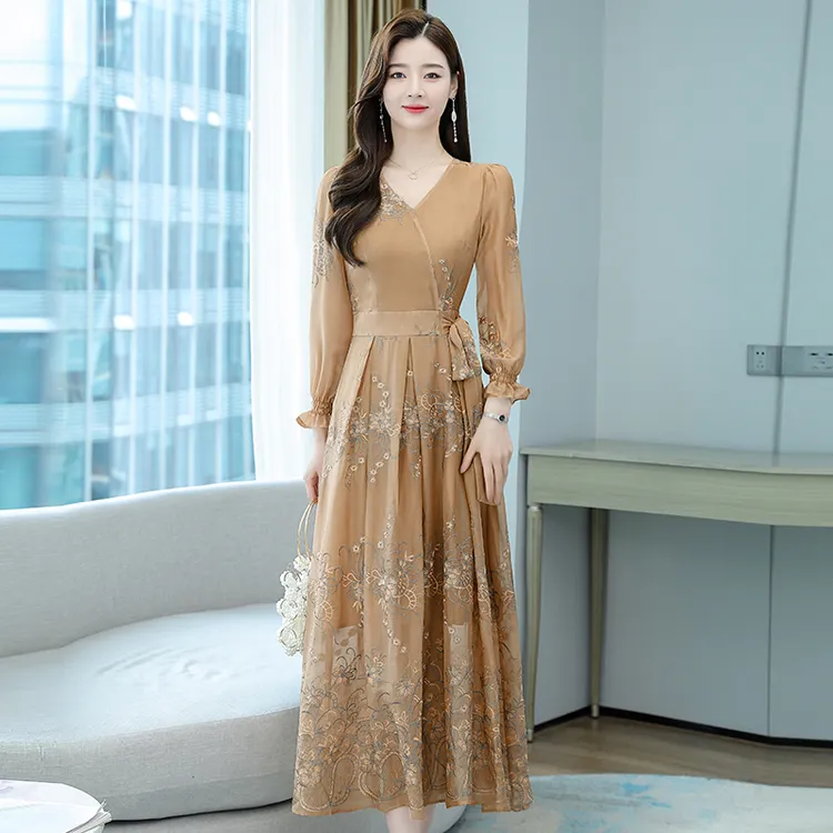  RQ6616雪纺连衣裙2024年新款中年妈妈大摆长裙女款