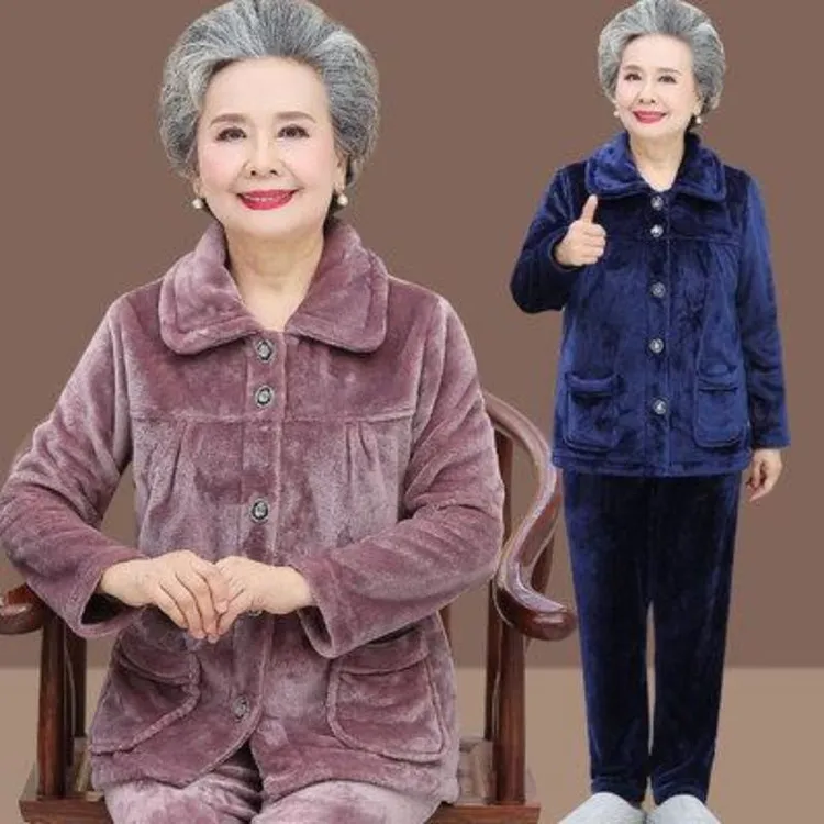 法兰绒睡衣女套装秋冬款中年妈妈珊瑚绒女士保暖老年人家居服女冬