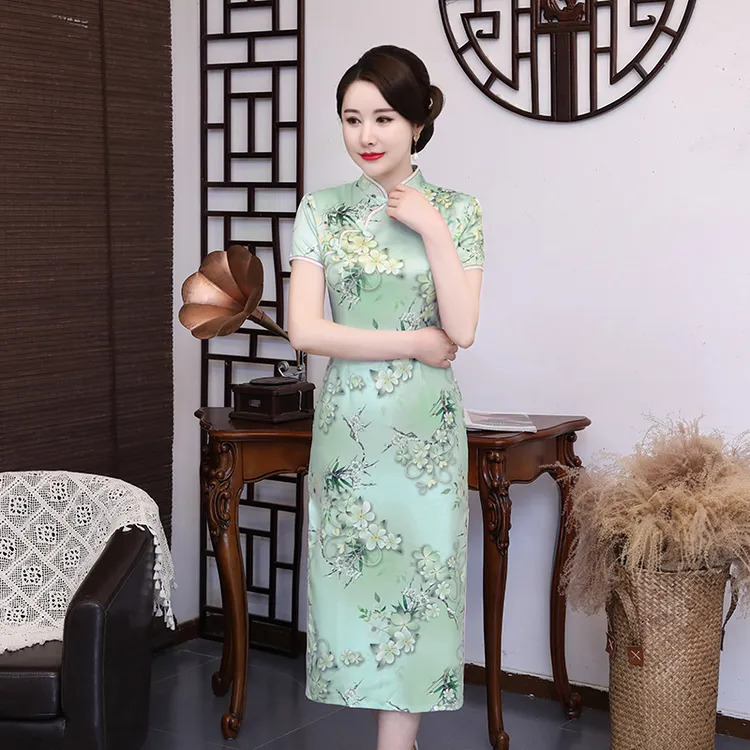 2020新款中国风日常复古改良式走秀长款旗袍仿真丝
