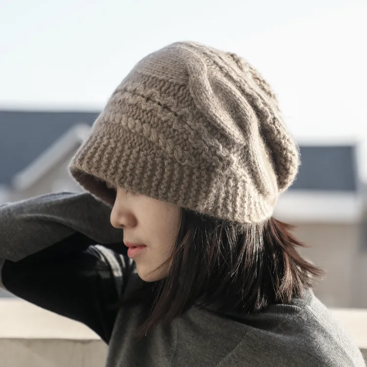 东雍时尚绞花手工编织前后佩戴加厚保暖纯色羊绒针织毛线帽秋冬女