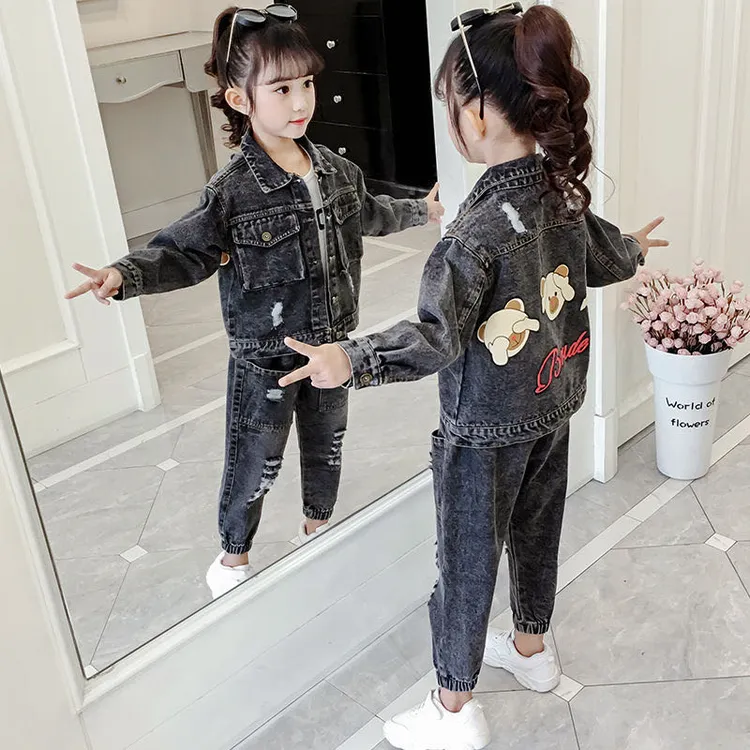 女童春季牛仔套装新款洋气潮儿童小女孩小孩外套网红两件套春秋