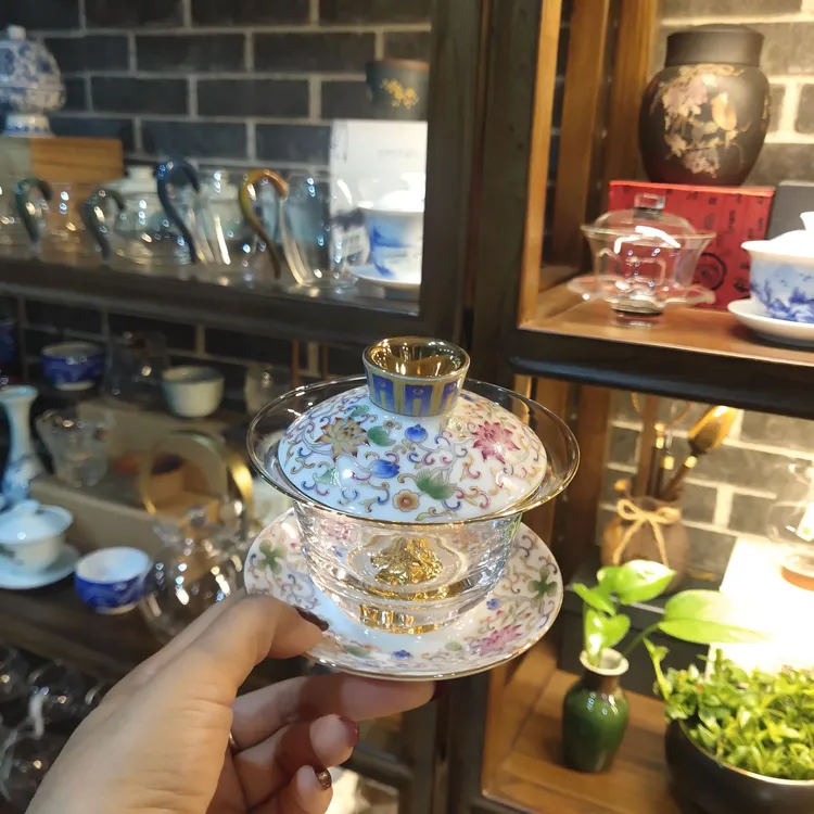 御山白色水晶三才碗 150毫升手工蓝色珐琅珐琅彩描金家用