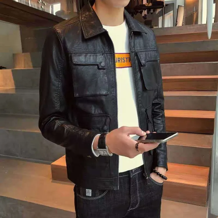 欧美复古工装皮衣男外套潮流韩版修身春秋季新款翻领机车皮夹克男